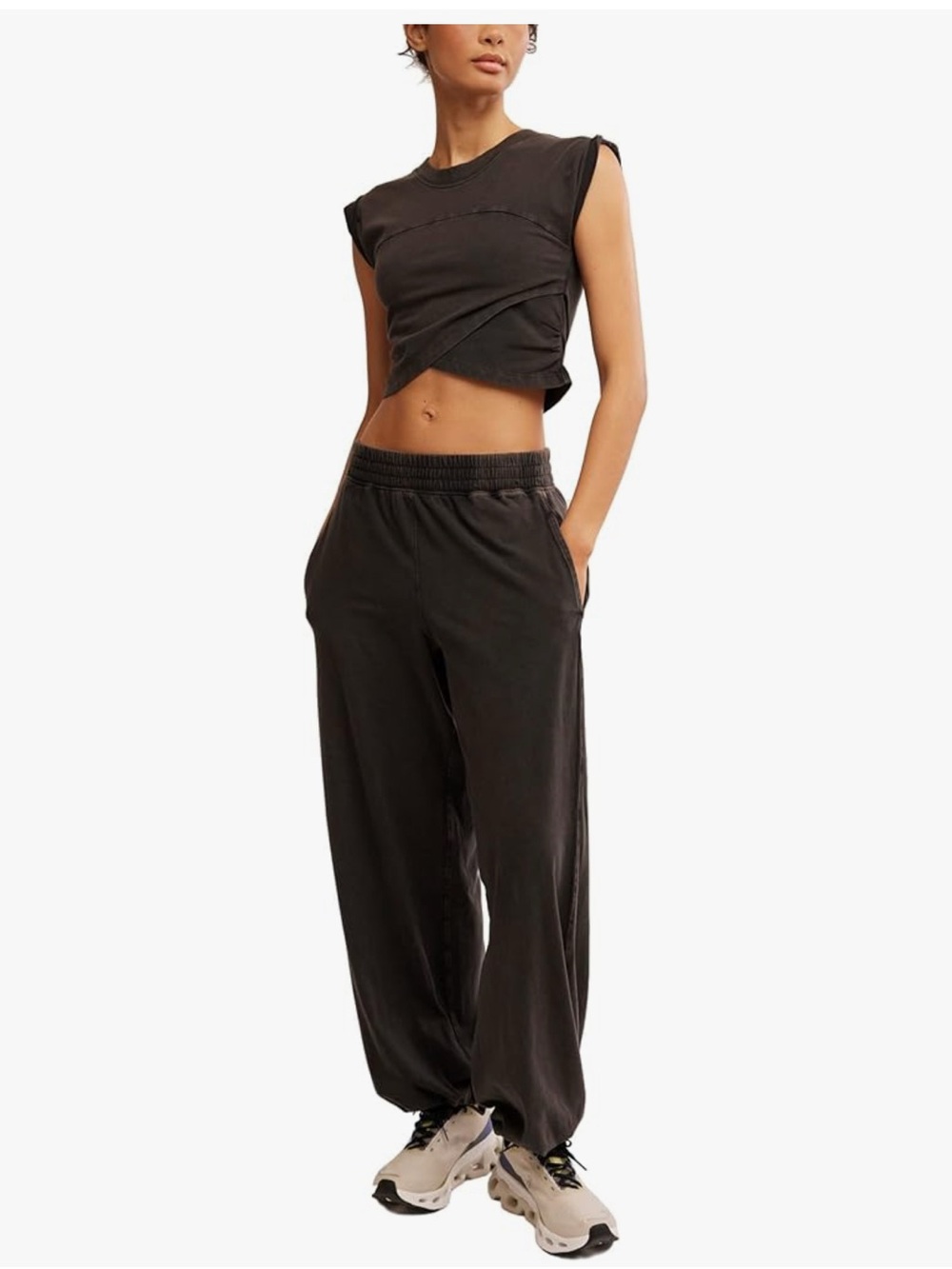Free People Black Cropped Twist Muscle Tee and Drawstring Pants Set